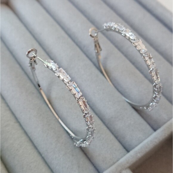 earrings Jewelry - Cubic Zirconia silver tone hoop earrings